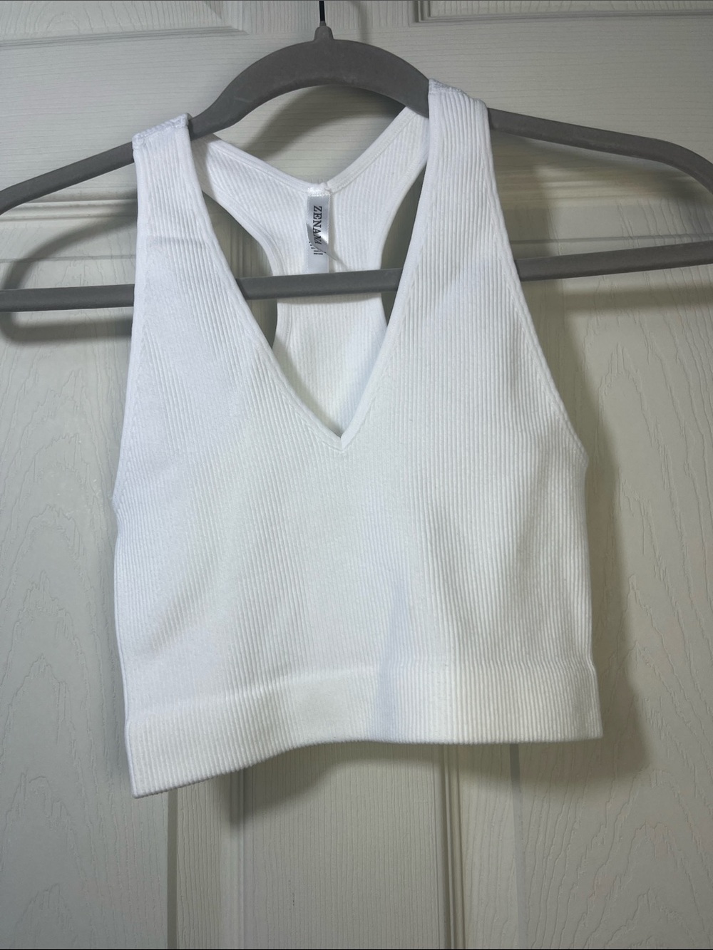 Zenana Outfitters White Ribbed V-Neck Racerback Brami Crop Top